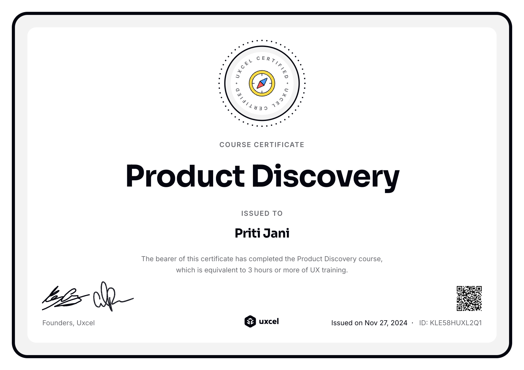 Priti Jani's certificate